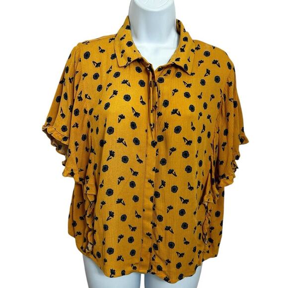 Elodie Mustard Yellow Floral Button Front Top Sz Large Dolman Sleeve Blouse - Picture 6 of 6